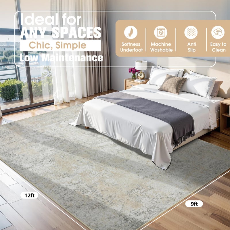 Aelenmu 9x12 Area Rugs for Living Room Rug Washable: Abstract Large Rug for Dining Room Bedroom Carpet Non Slip 9 by 12 Indoor Modern Nursery Home Office Beige Grey - Image 2