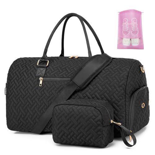 BAVERGE Weekender Duffle Bag for Travel with Shoe Compartment, Carry On Overnight Bag for Women with Toiletry Bag, Gym Bag with Wet Pocket, Hospital Bags for Labor and Delivery Black - Image 1