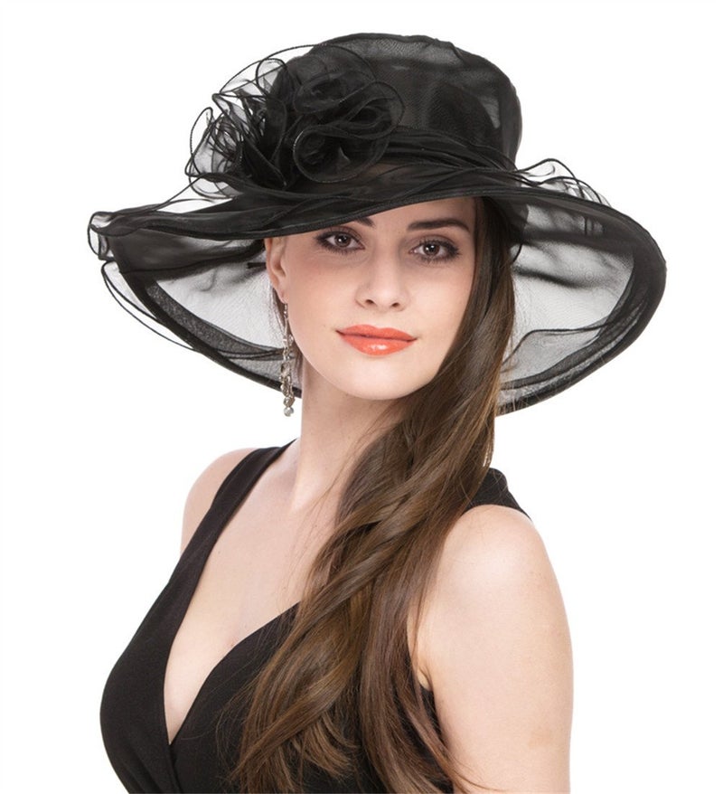 SAFERIN®Classy Sun Hat for Women Ladies Girls, Organza Feather Fascinator for Tea Party Church UV ProtectionBlack - Image 1