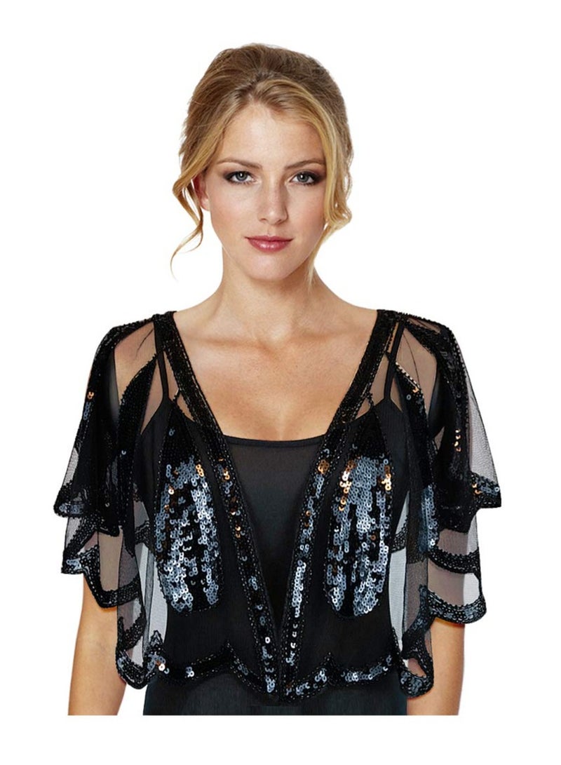KASTWAVE 1920s Shawl Wraps Sequin Beaded Evening Cape Bolero Flapper Cover Up Black Vintage Bridal Shawl for Women's Evening Dresses Party, One Size - Image 1