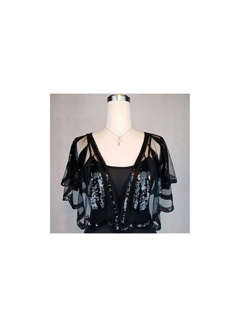 KASTWAVE 1920s Shawl Wraps Sequin Beaded Evening Cape Bolero Flapper Cover Up Black Vintage Bridal Shawl for Women's Evening Dresses Party, One Size - Image 2