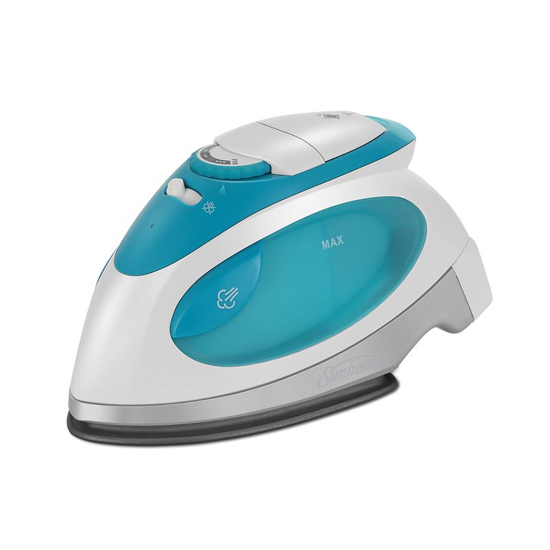 Sunbeam Sunbeam Travel Steam Iron 1080 Watt Dual Voltage 120240 Compact Size Portable NonStick Soleplate Soft Touch Handle Horizontal or Vertical Use Travel Bag White and Teal
