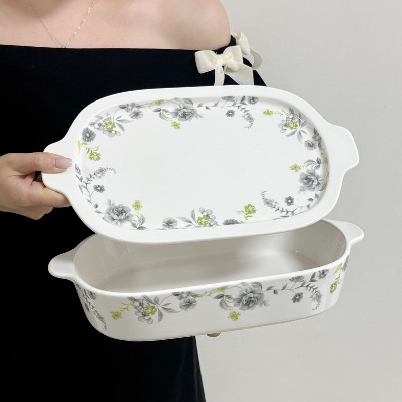 Luxury French-Style Blue Bow Flower Ceramic Baking Tray with Lid