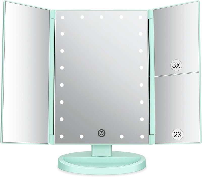DeWEISN Tri-Fold Lighted Vanity Tabletop Mount Mirror with 21 LED Lights, Touch Screen and 3X/2X/1X Magnification, Two Power Supply Mode Make up Mirror,Travel Mirror - Image 1