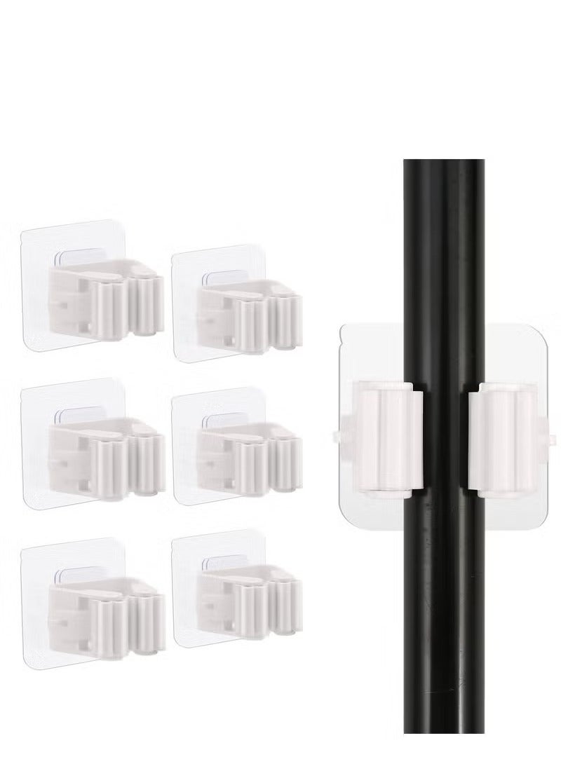 6 Pieces Mop Broom Holder, Wall Mount Mop Holder, Self Adhesive Broom Hanger for Home Garage, Garden, Laundry Room, Storage, Kitchen, Tools Organizer (White) - Image 1