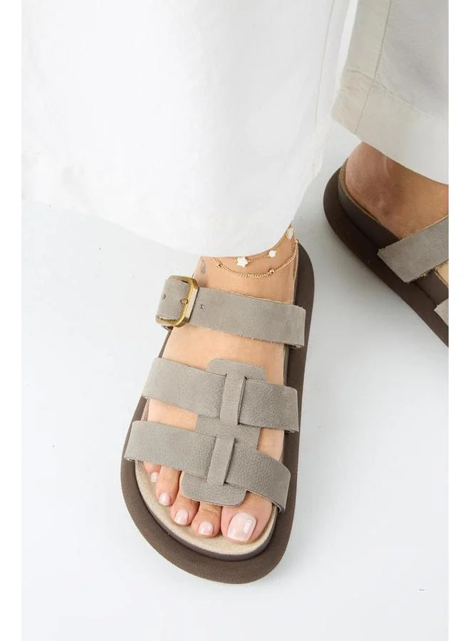 Borde Women's Genuine Leather Strap, Buckle Nubuck Grey Sandal.