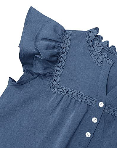 PRETTODAY Women's V Neck Lace Crochet Shirts Button Down Short Sleeve Casual Blouse Tops A-Navy - Image 5