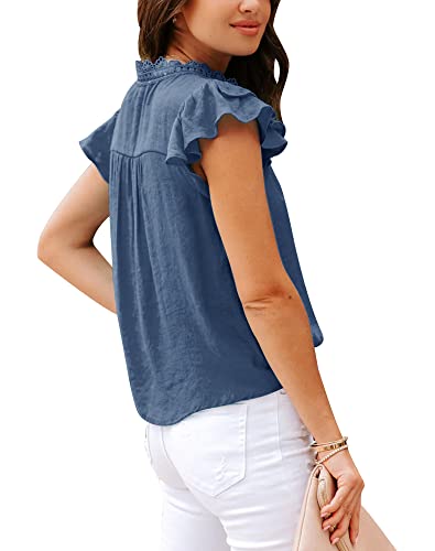 PRETTODAY Women's V Neck Lace Crochet Shirts Button Down Short Sleeve Casual Blouse Tops A-Navy - Image 3