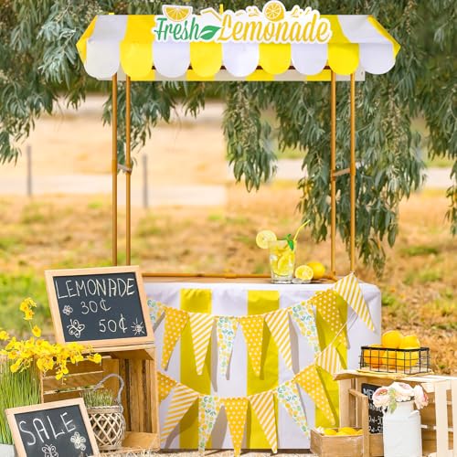 Tioncy 6 Pcs Fresh Lemonade Stand Kits Hut Decor Without Table Include Shelf Banner Roof Pennant Table Skirt for Photo Props Outdoor Lemon Themed Party Decor Desk Is Not Included - Image 1