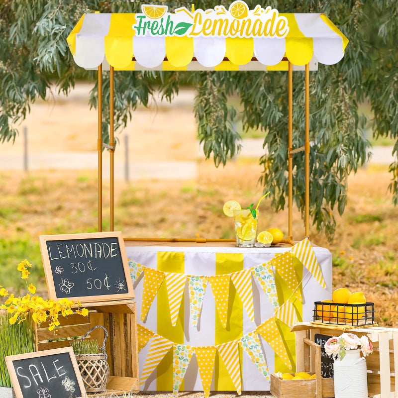 Tioncy 6 Pcs Fresh Lemonade Stand Kits Hut Decor Without Table Include Shelf Banner Roof Pennant Table Skirt for Photo Props Outdoor Lemon Themed Party Decor Desk Is Not Included - Image 2