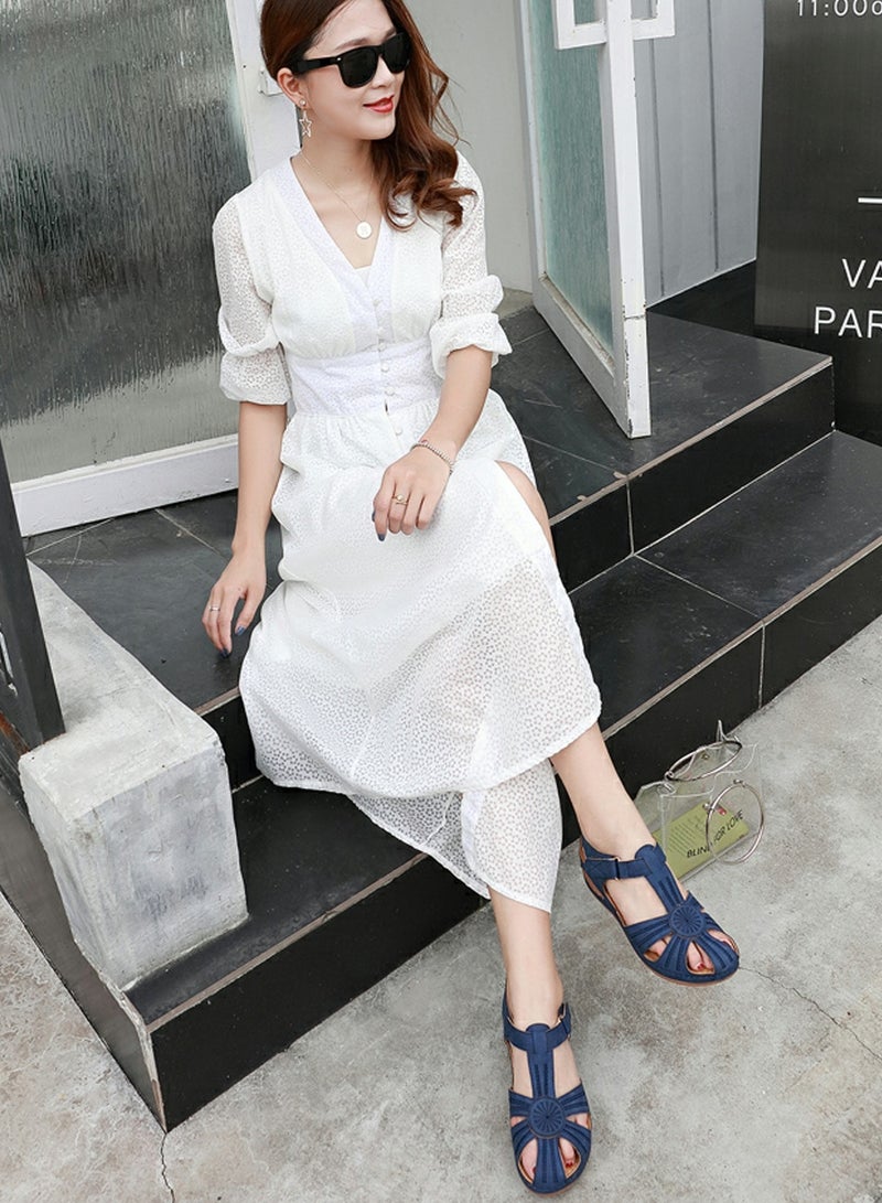 Loquat Women's Retro Thick Soled Non Slip Sandals Wedge Fisherman Shoes Navy Blue - Image 5