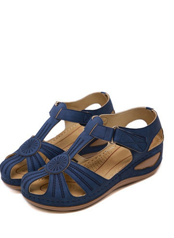 Loquat Women's Retro Thick Soled Non Slip Sandals Wedge Fisherman Shoes Navy Blue - Image 1