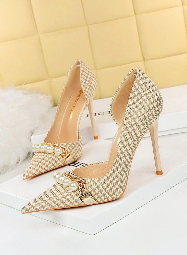 BIGTREE Women's Side Hollow Stiletto Pumps With Plaid Pattern And Pearl Metal Chain 10.5 cm Elegant Gorgeous Closed Pointed Toe Slip On Solid High Heels Apricot  - Image 1