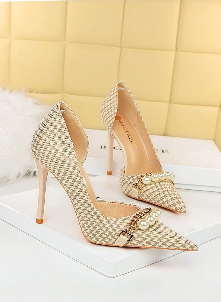 BIGTREE Women's Side Hollow Stiletto Pumps With Plaid Pattern And Pearl Metal Chain 10.5 cm Elegant Gorgeous Closed Pointed Toe Slip On Solid High Heels Apricot  - Image 2
