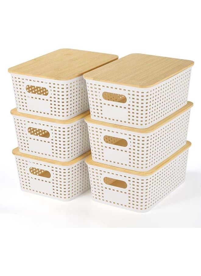 L&E Plastic Storage Baskets With Bamboo Lid - Plastic Storage Containers Stackable Storage bins: Storage Baskets for Organizing Shelves,Drawers,Desktop,Closet,Playroom,Office, 6 Pack  - Image 1