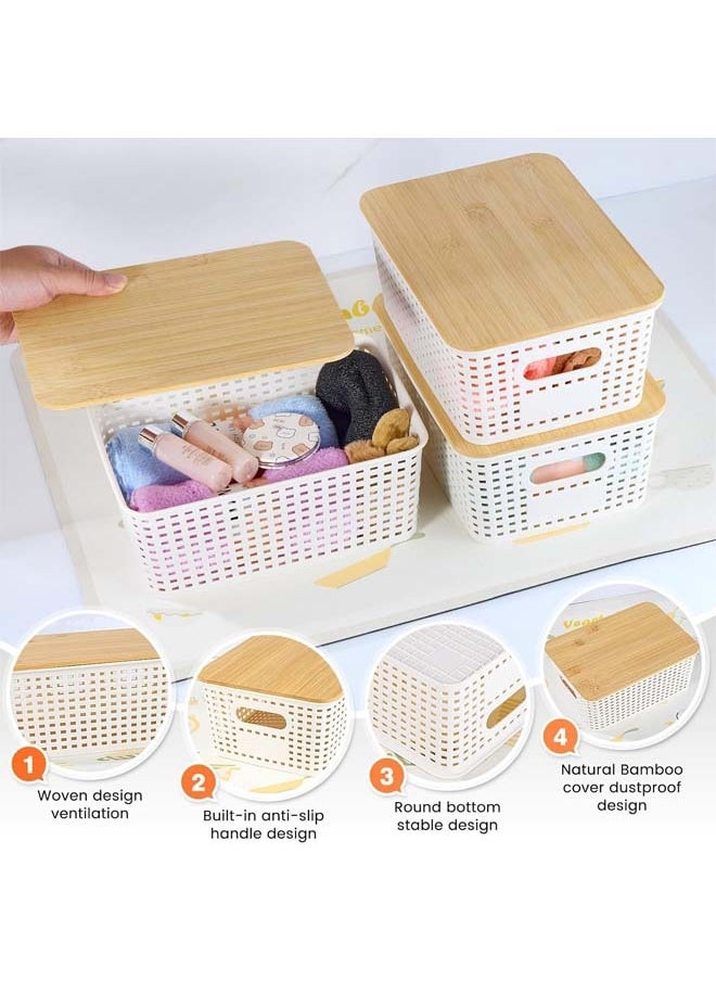 L&E Plastic Storage Baskets With Bamboo Lid - Plastic Storage Containers Stackable Storage bins: Storage Baskets for Organizing Shelves,Drawers,Desktop,Closet,Playroom,Office, 6 Pack  - Image 3
