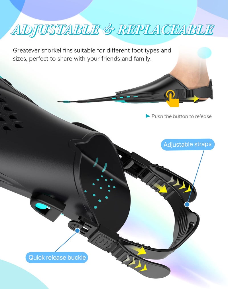 Greatever Snorkel Fins Adjustable Buckles Open Heel Swim Flippers Travel Size Short Swim Fins for Snorkeling Diving Swimming Adult Men Womens - Image 2