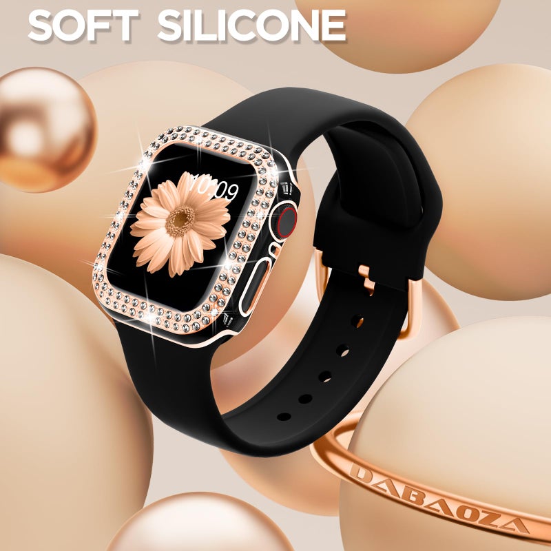 DABAOZA Compatible for Apple Watch Bands 44mm with Bumper, Bling Glitter Women Silicone Soft Comfortable Strap for iWatch SE Ultra 3 2 Series 11 10 9 8 7 6 5 4 3 2 1（Black Rosegold，44） - Image 4