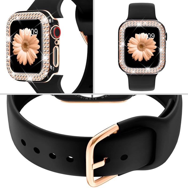 DABAOZA Compatible for Apple Watch Bands 44mm with Bumper, Bling Glitter Women Silicone Soft Comfortable Strap for iWatch SE Ultra 3 2 Series 11 10 9 8 7 6 5 4 3 2 1（Black Rosegold，44） - Image 3