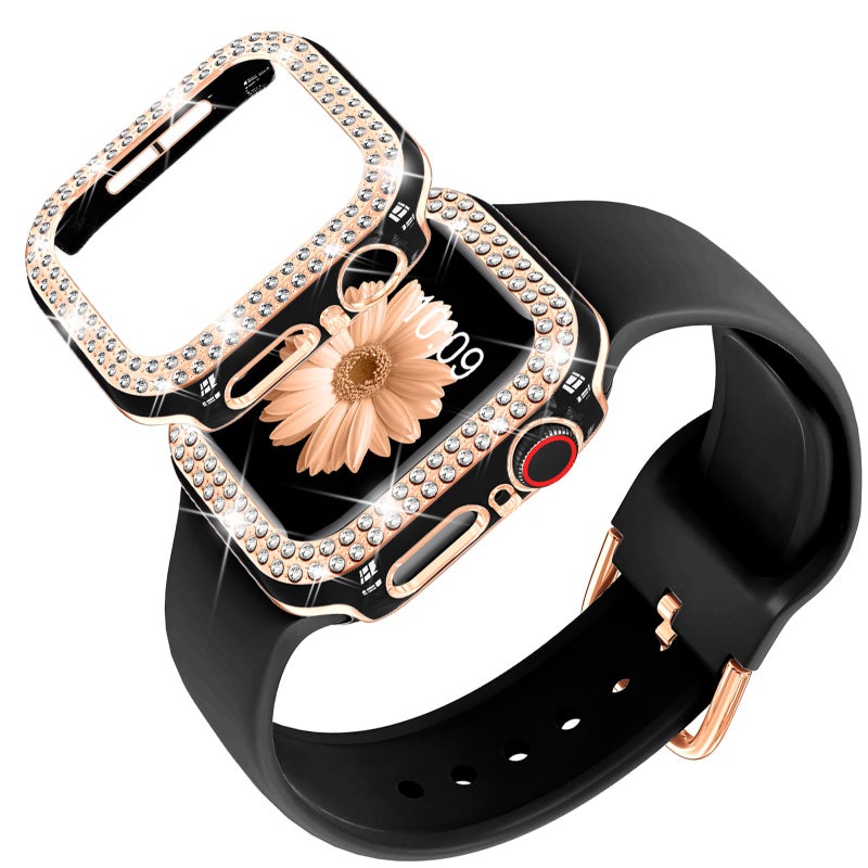 DABAOZA Compatible for Apple Watch Bands 44mm with Bumper, Bling Glitter Women Silicone Soft Comfortable Strap for iWatch SE Ultra 3 2 Series 11 10 9 8 7 6 5 4 3 2 1（Black Rosegold，44） - Image 1