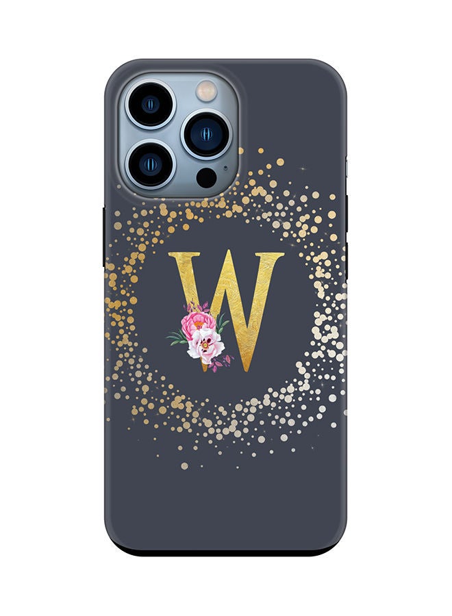 Stylizedd Monogram Tough Cover for Apple iPhone 13 Pro Case Custom Initials Letter Floral Pattern Tough Pro Dual Layer hybrid PC inner TPU protection Alphabet- W (Grey) - Image 1