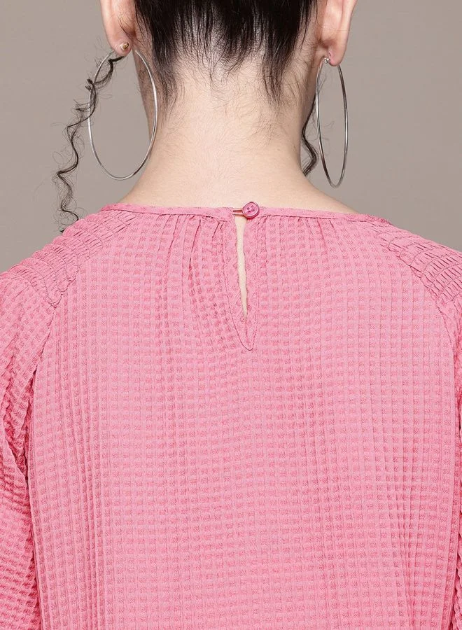 Freehand  Women Relaxed Fit Textured Round Neck Short Sleeve Tiered Dress for Women | Best Price UAE