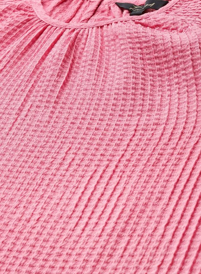 Freehand  Women Relaxed Fit Textured Round Neck Short Sleeve Tiered Dress for Women | Best Price UAE