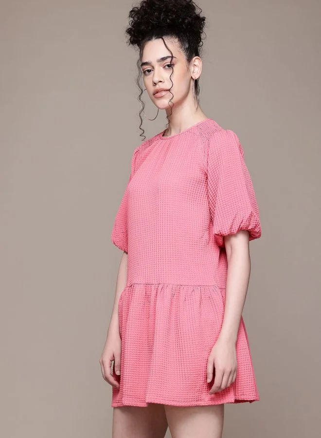 Freehand  Women Relaxed Fit Textured Round Neck Short Sleeve Tiered Dress for Women | Best Price UAE