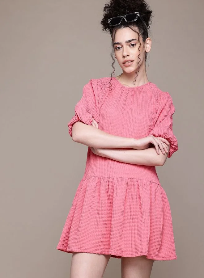 Women Relaxed Fit Textured Round Neck Short Sleeve Tiered Dress