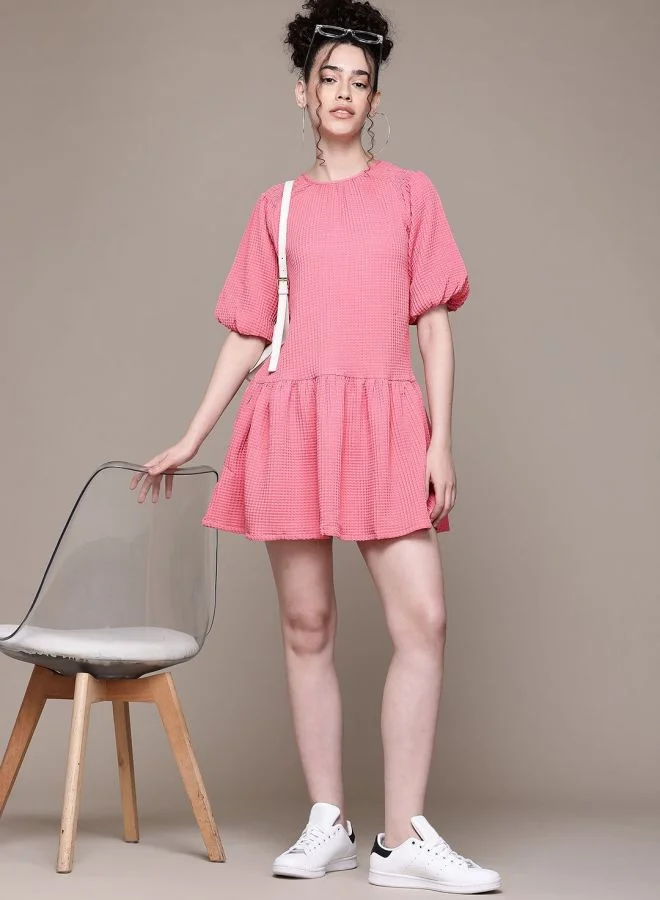Freehand  Women Relaxed Fit Textured Round Neck Short Sleeve Tiered Dress for Women | Best Price UAE