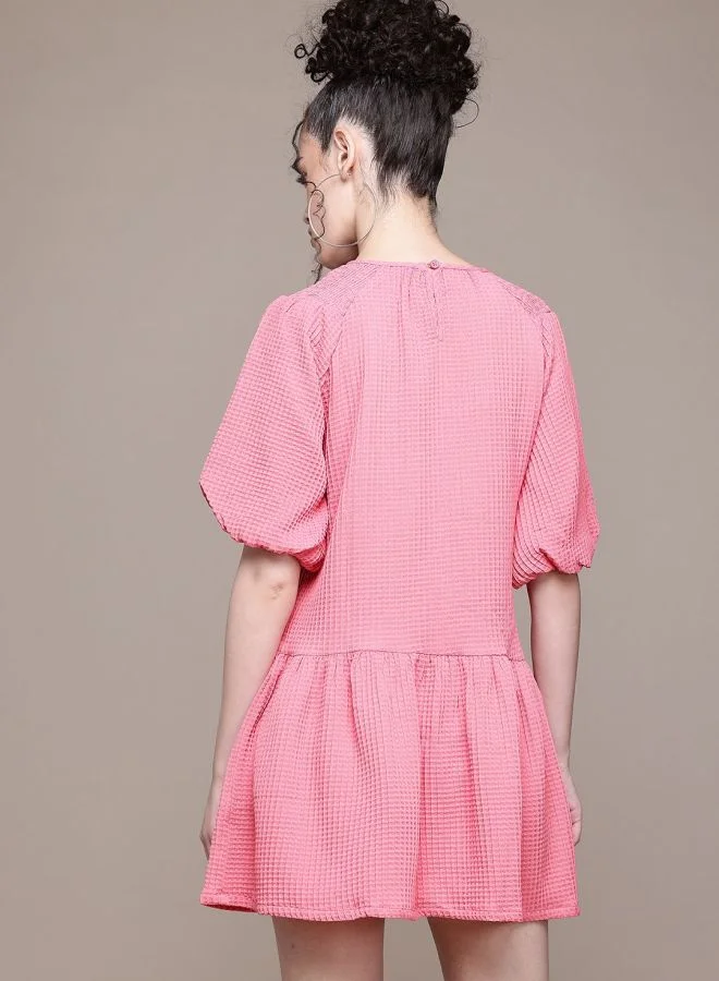 Freehand  Women Relaxed Fit Textured Round Neck Short Sleeve Tiered Dress for Women | Best Price UAE