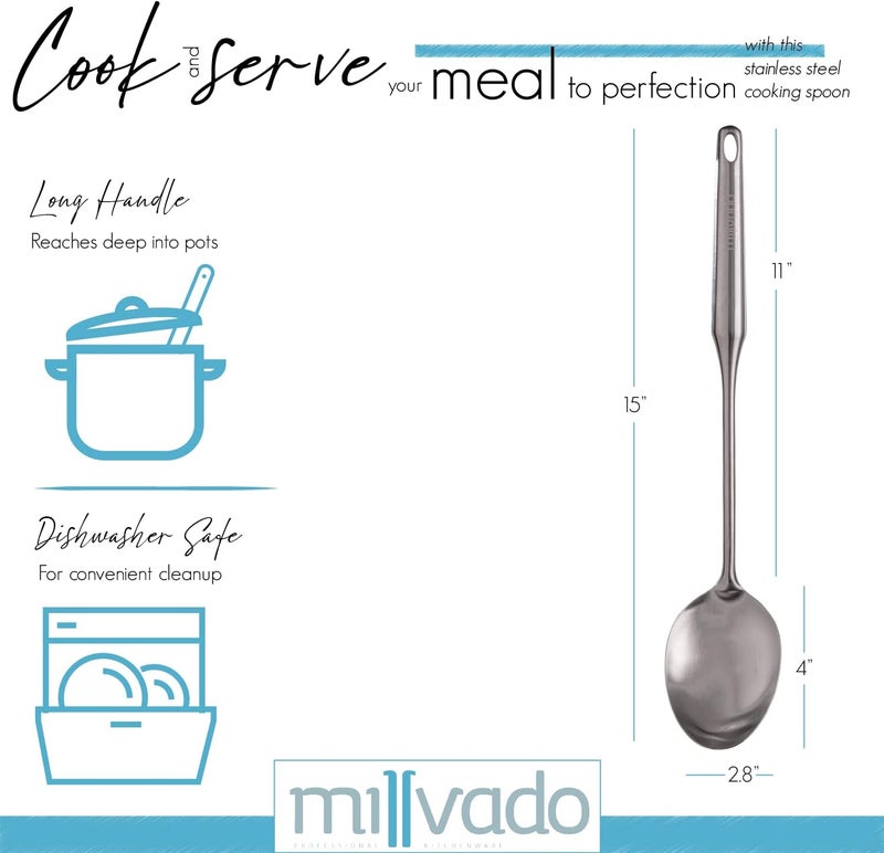 Millvado Stainless Steel Big Cooking Spoon, Kitchen Utensils and Gadgets, 15 Inch Large Spoon For for Cooking, Basting, Serving, Dishwasher Safe Metal Utensil, Durable, Solid Construction - Image 2