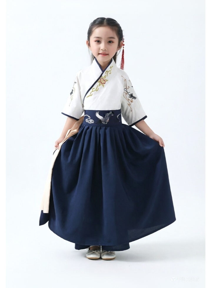 liannaner Brand Name Kids Hanfu Dress, White and Navy Blue Crane Embroidery Traditional Chinese Costume for Girls, Ancient Style Tang Suit for Cosplay, Stage Performance, Ages 3-12 - Image 1