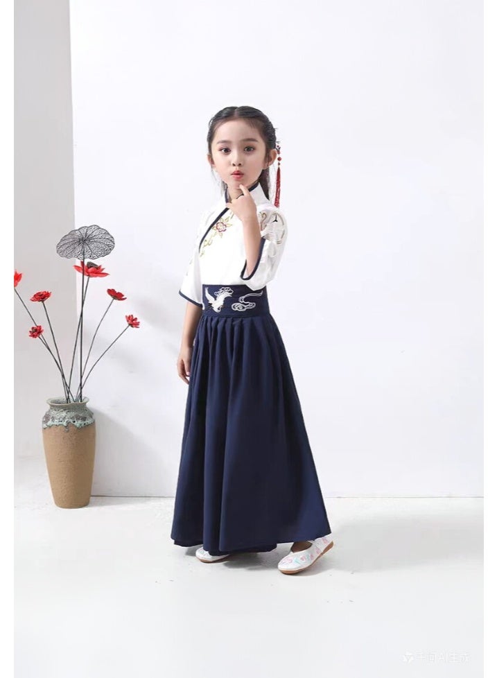 liannaner Brand Name Kids Hanfu Dress, White and Navy Blue Crane Embroidery Traditional Chinese Costume for Girls, Ancient Style Tang Suit for Cosplay, Stage Performance, Ages 3-12 - Image 2