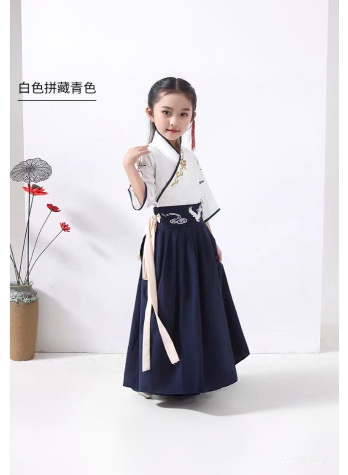 liannaner Brand Name Kids Hanfu Dress, White and Navy Blue Crane Embroidery Traditional Chinese Costume for Girls, Ancient Style Tang Suit for Cosplay, Stage Performance, Ages 3-12 - Image 3