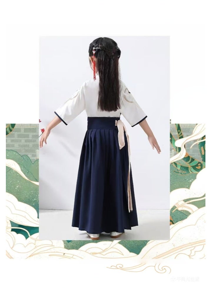 liannaner Brand Name Kids Hanfu Dress, White and Navy Blue Crane Embroidery Traditional Chinese Costume for Girls, Ancient Style Tang Suit for Cosplay, Stage Performance, Ages 3-12 - Image 4