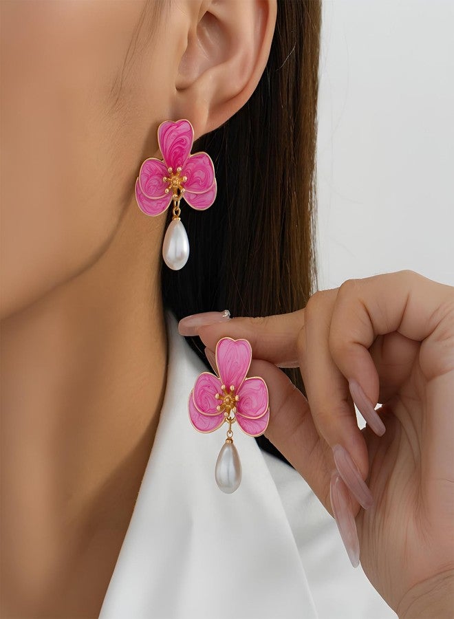 Decixde Flower Earrings for Women Pearl Statement Drop Dangle Earrings Pink Blue Orange Flower Stud Earrings Wedding Party Statement Floral Jewelry (Pink) - Image 2