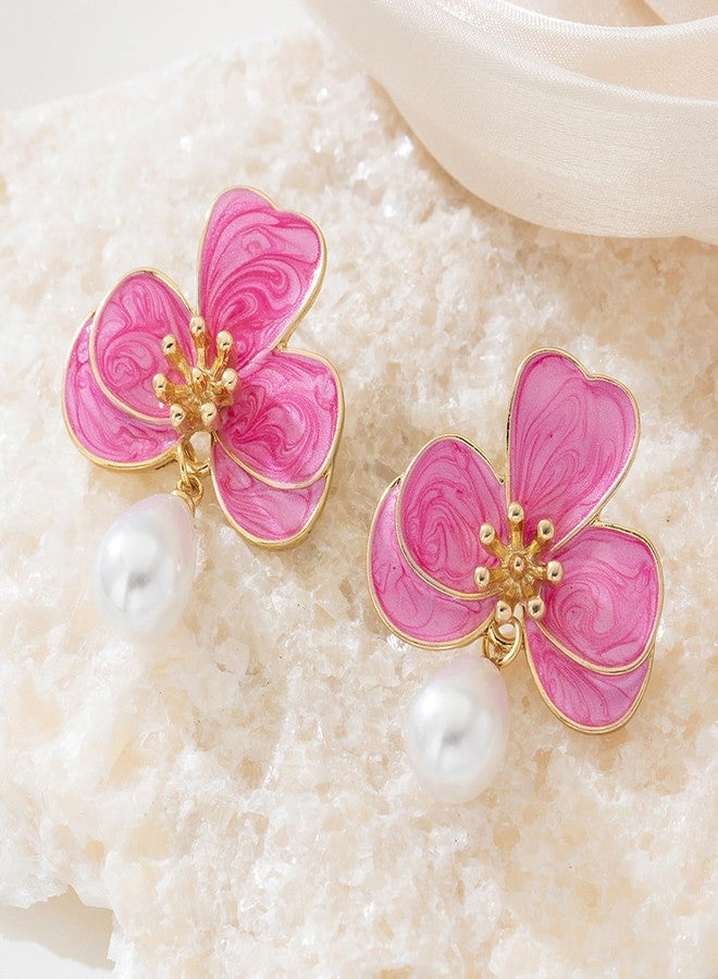 Decixde Flower Earrings for Women Pearl Statement Drop Dangle Earrings Pink Blue Orange Flower Stud Earrings Wedding Party Statement Floral Jewelry (Pink) - Image 4