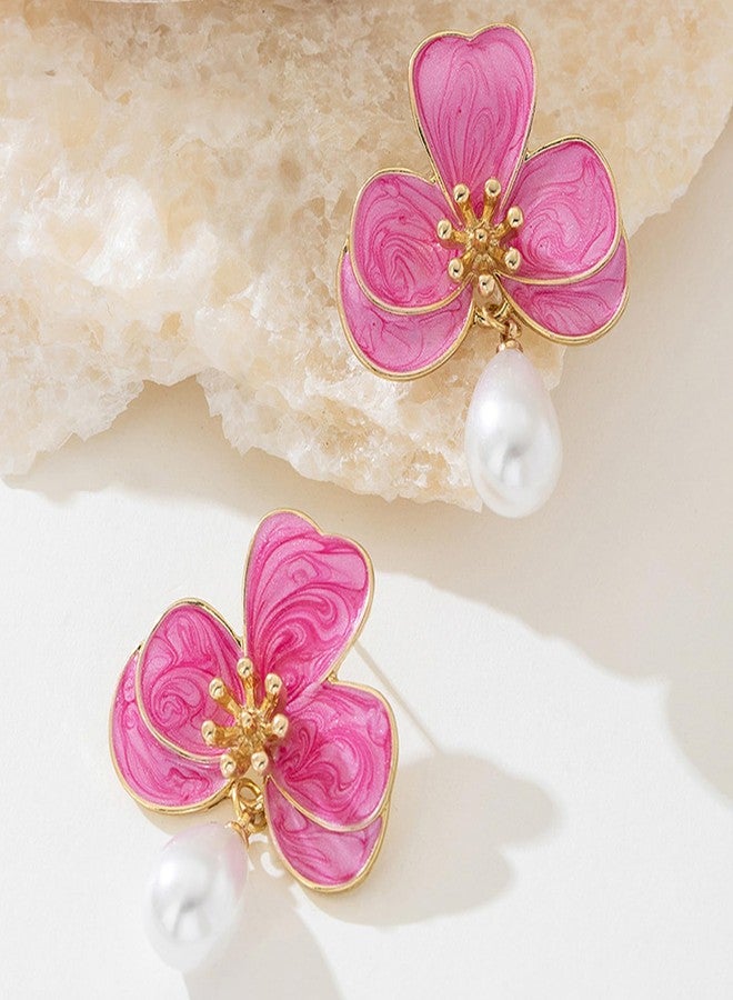 Decixde Flower Earrings for Women Pearl Statement Drop Dangle Earrings Pink Blue Orange Flower Stud Earrings Wedding Party Statement Floral Jewelry (Pink) - Image 5