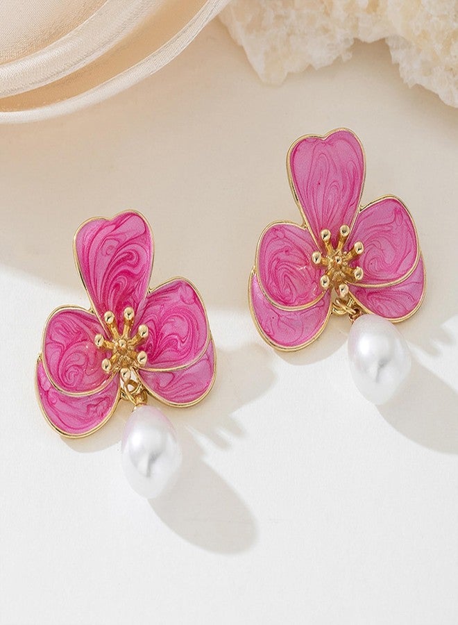 Decixde Flower Earrings for Women Pearl Statement Drop Dangle Earrings Pink Blue Orange Flower Stud Earrings Wedding Party Statement Floral Jewelry (Pink) - Image 3