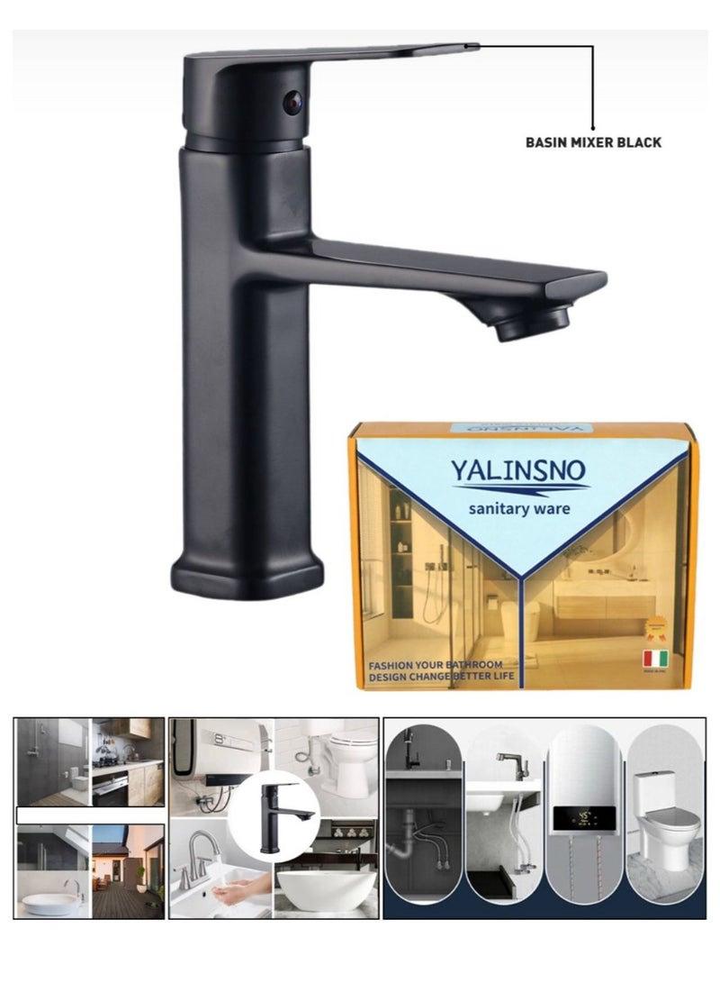 Yalin Basin Mixer Tap Black Bathroom Sink Monoblock Mixer Faucet, Black Basin Taps for Lavatory and Washroom, Single Lever Bathroom Sink Taps with Lead Free G1/2 UK Standard Hoses - Image 4