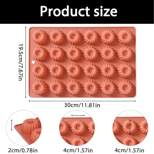 Fchil Mini Buntz Cake Silicone Molds 2 Pcs, 48-Cavity Mini Ring Cake Pans for Baking, Nonstick Fluted Tube Donuts Silicone Pan for Mousse Cupcake Chocolate Jelly Pudding Dessert, Terracotta - Image 2