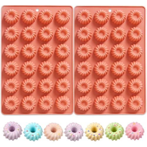 Fchil Mini Buntz Cake Silicone Molds 2 Pcs, 48-Cavity Mini Ring Cake Pans for Baking, Nonstick Fluted Tube Donuts Silicone Pan for Mousse Cupcake Chocolate Jelly Pudding Dessert, Terracotta - Image 1