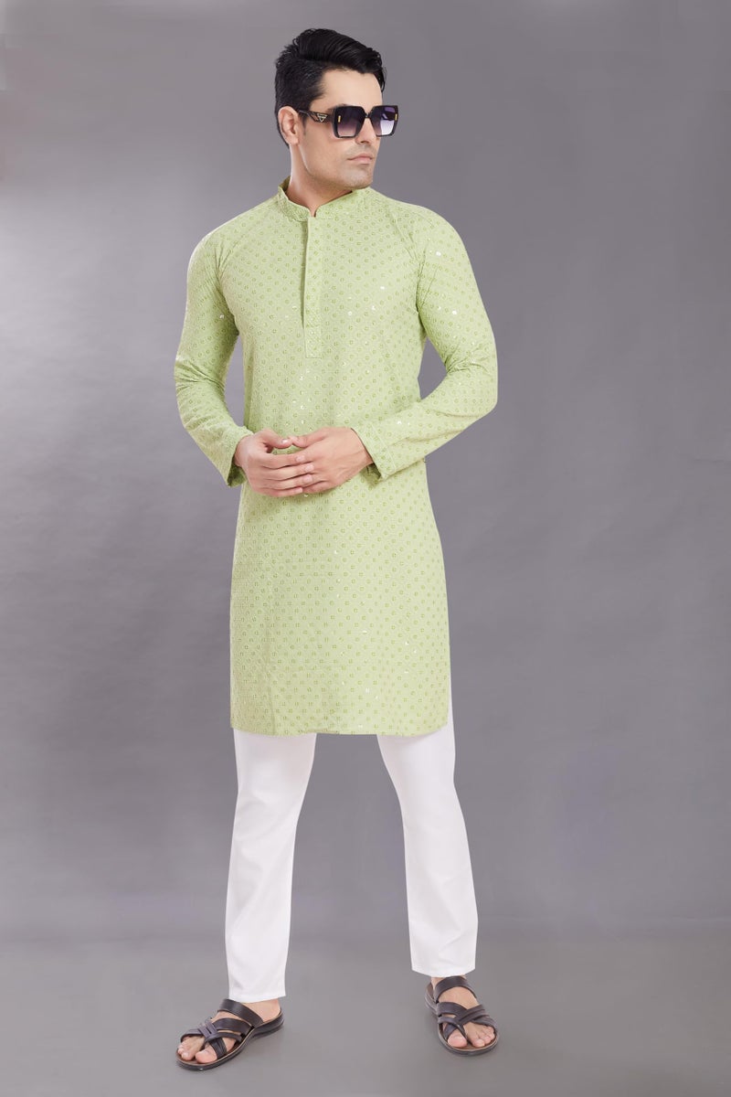 DIVISIVE Men's Sequince Embroidered Cotton Blend Only Slim Fit Kurta (DKRT526_XL_Pista) - Image 3