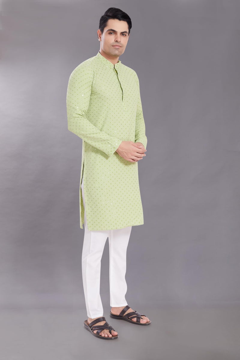 DIVISIVE Men's Sequince Embroidered Cotton Blend Only Slim Fit Kurta (DKRT526_XL_Pista) - Image 5