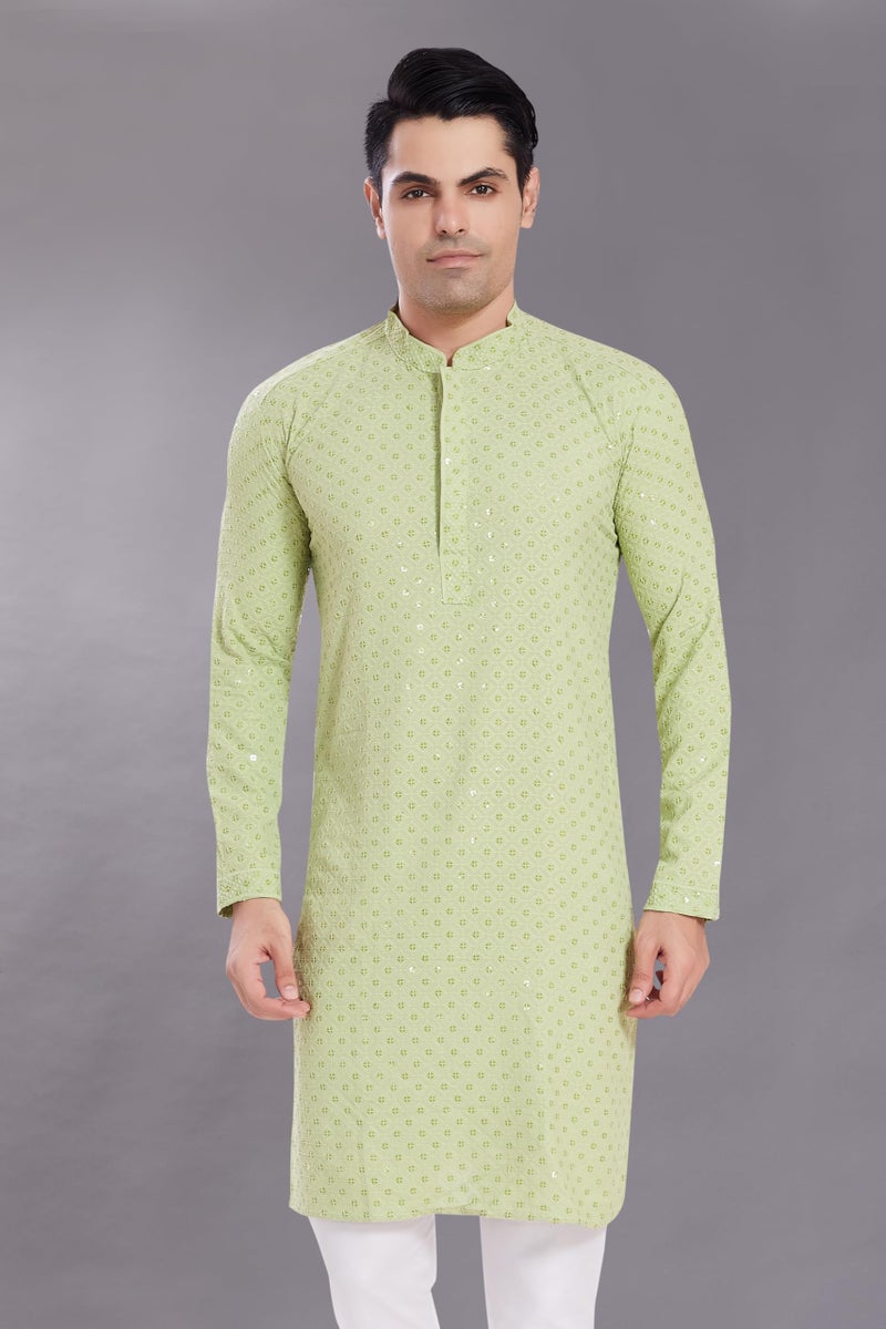 DIVISIVE Men's Sequince Embroidered Cotton Blend Only Slim Fit Kurta (DKRT526_XL_Pista) - Image 2