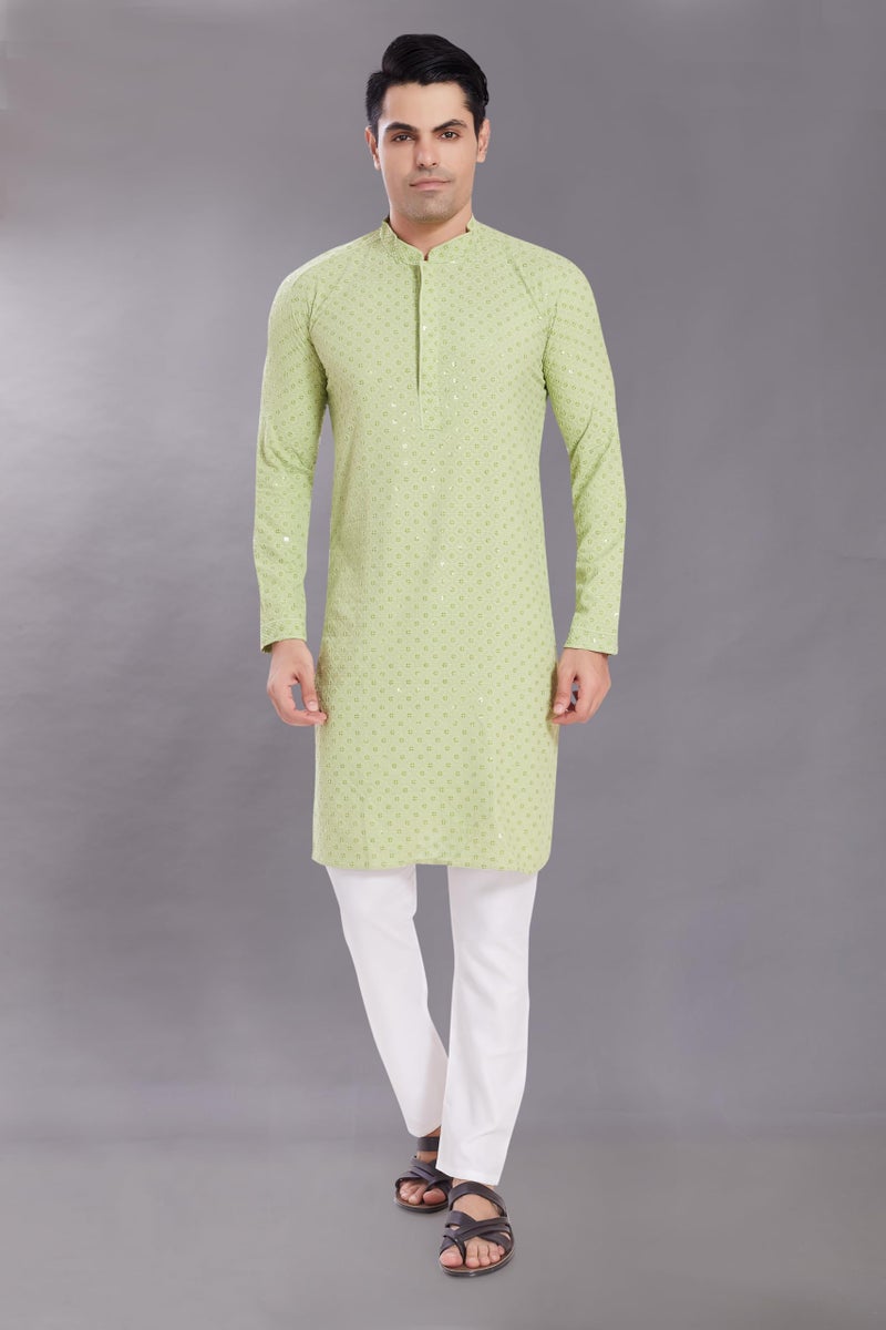 DIVISIVE Men's Sequince Embroidered Cotton Blend Only Slim Fit Kurta (DKRT526_XL_Pista) - Image 4