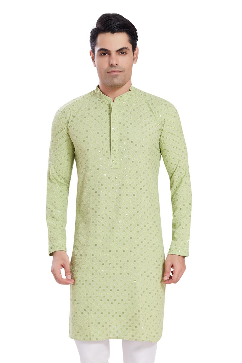 DIVISIVE Men's Sequince Embroidered Cotton Blend Only Slim Fit Kurta (DKRT526_XL_Pista) - Image 1
