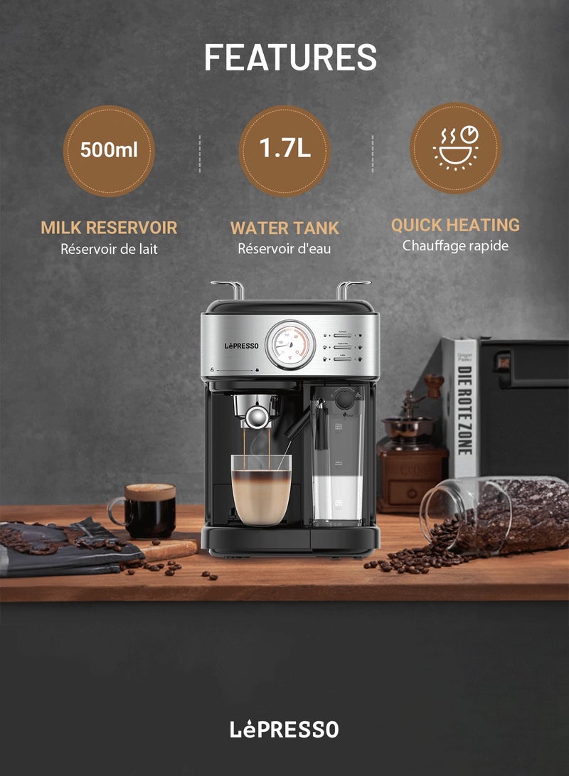 LePRESSO Barista Espresso Coffee Machine with Milk Frother 20 Bar Powerful Pressure Pump with Capsule Filter and Funnel Coffee Maker/ Espresso Machine 1250W- Black - Image 2