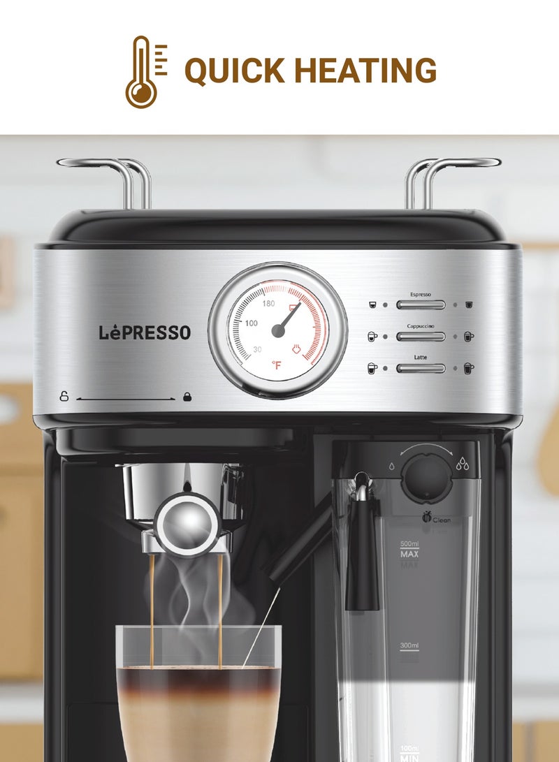 LePRESSO Barista Espresso Coffee Machine with Milk Frother 20 Bar Powerful Pressure Pump with Capsule Filter and Funnel Coffee Maker/ Espresso Machine 1250W- Black - Image 3